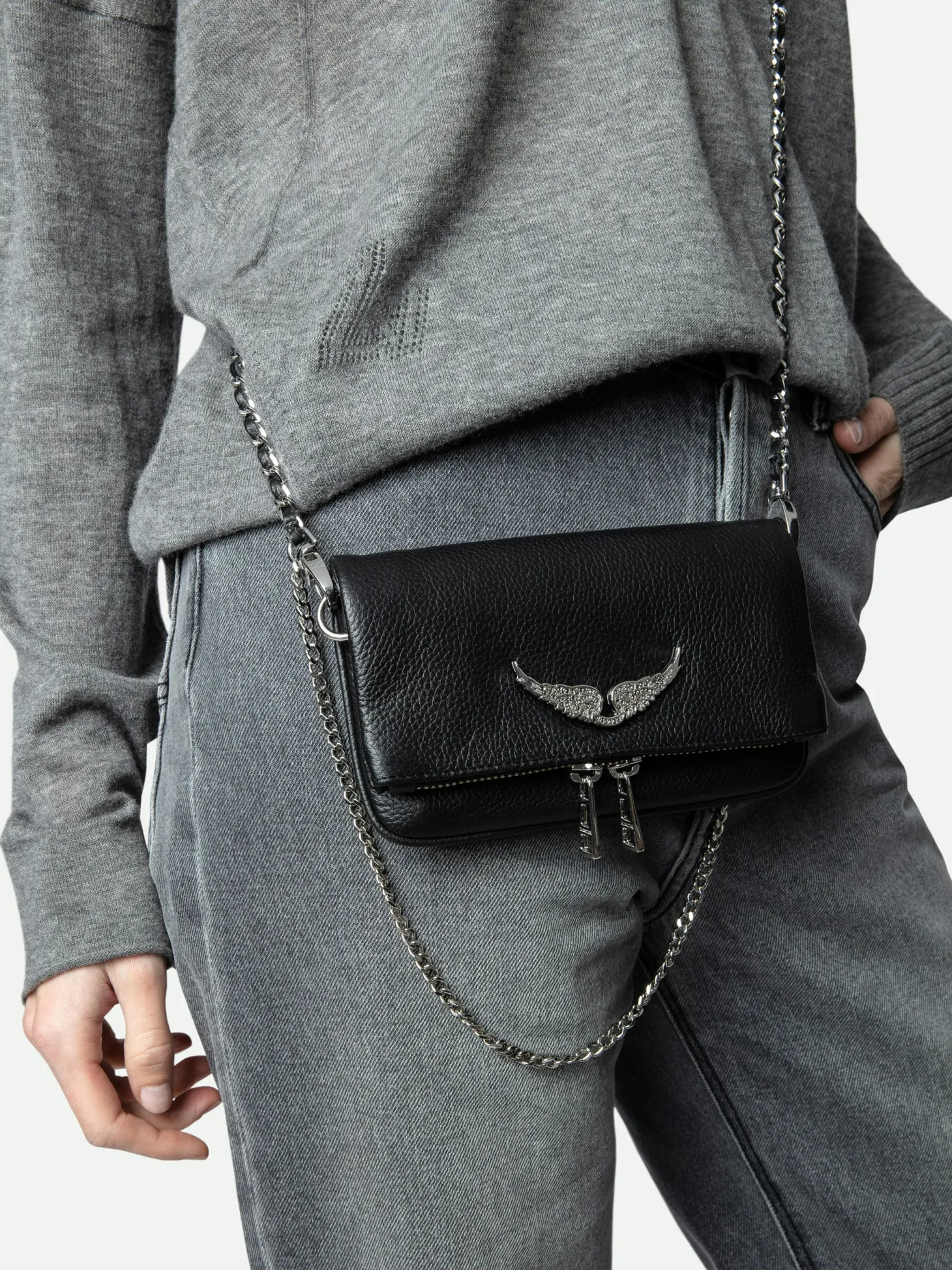 Fashion Zadig & Voltaire Swing Your Wings Rock Nano ClutchICONIC Noirsilver