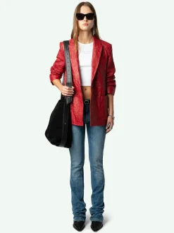 Shop Zadig & Voltaire Visko Crinkled Leather BlazerNEW Crimson
